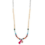 Collier Edelstahl, Jaspis mix mit Quaste und Anhänger Erdbeerquarz