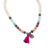 Collier Edelstahl gold, Jaspis mix mit Quaste und Anhänger Erdbeerquarz