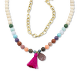 Collier Edelstahl gold, Jaspis mix mit Quaste und Anhänger Erdbeerquarz