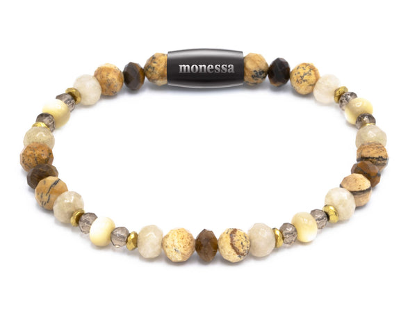 Rauchquarz, Tigerauge, Jaspis, Perlmutt, Mondstein, Hämatit gold mix